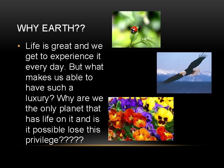 WHY EARTH? ? • Life is great and we get to experience it every