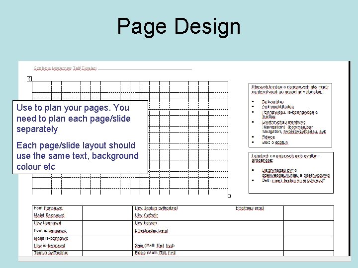 Page Design Use to plan your pages. You need to plan each page/slide separately