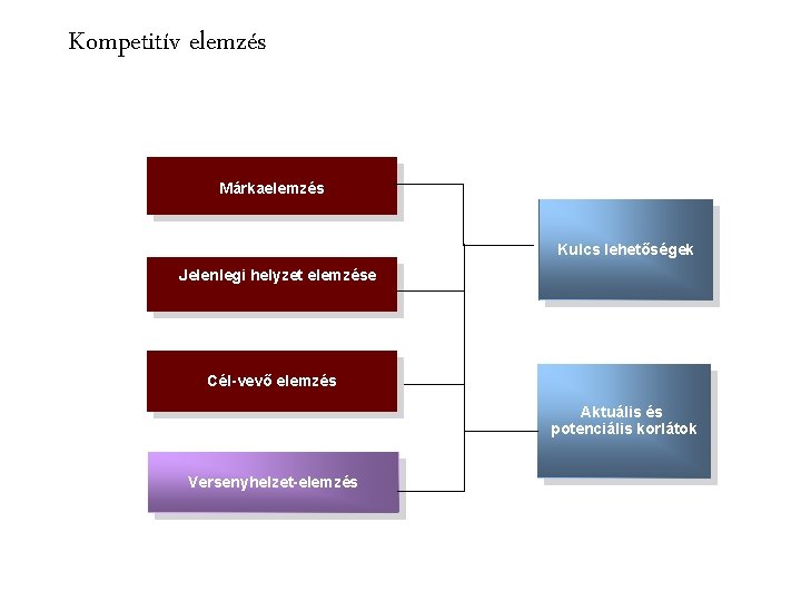 Kompetitív elemzés Márkaelemzés Kulcs lehetőségek Jelenlegi helyzet elemzése Cél-vevő elemzés Aktuális és potenciális korlátok