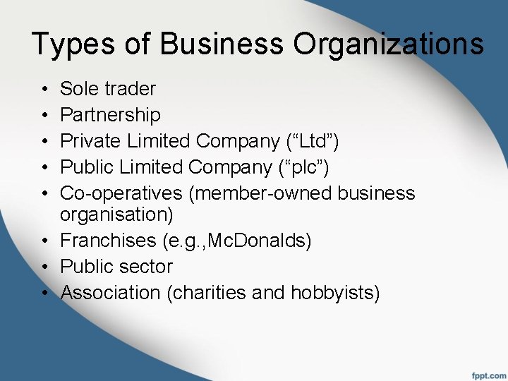 Types of Business Organizations • • • Sole trader Partnership Private Limited Company (“Ltd”)
