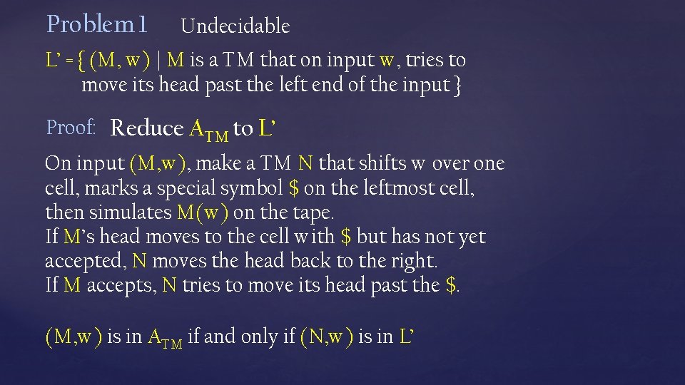 Problem 1 Undecidable L’ = { (M, w) | M is a TM that