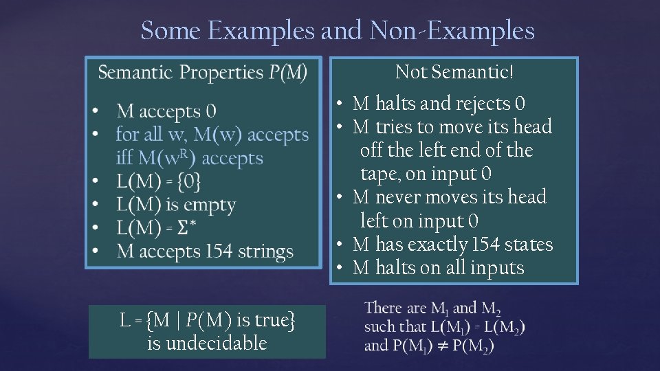 Some Examples and Non-Examples Not Semantic! • M halts and rejects 0 • M