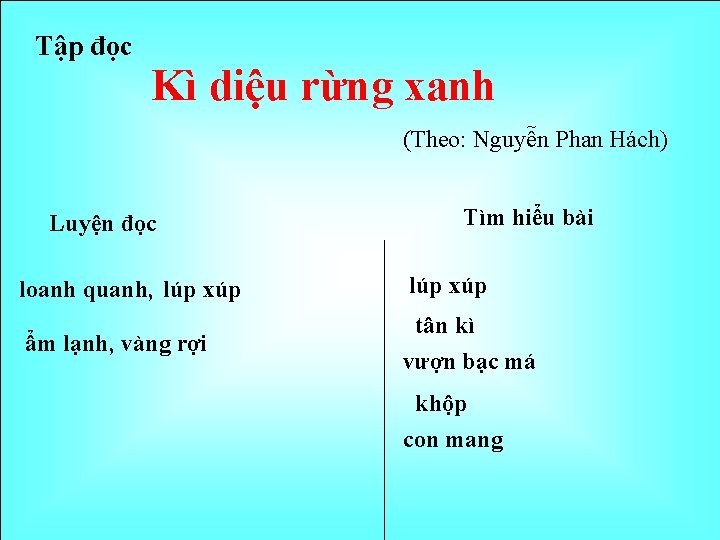 Tập đọc Kì diệu rừng xanh (Theo: Nguyễn Phan Hách) Luyện đọc Tìm hiểu