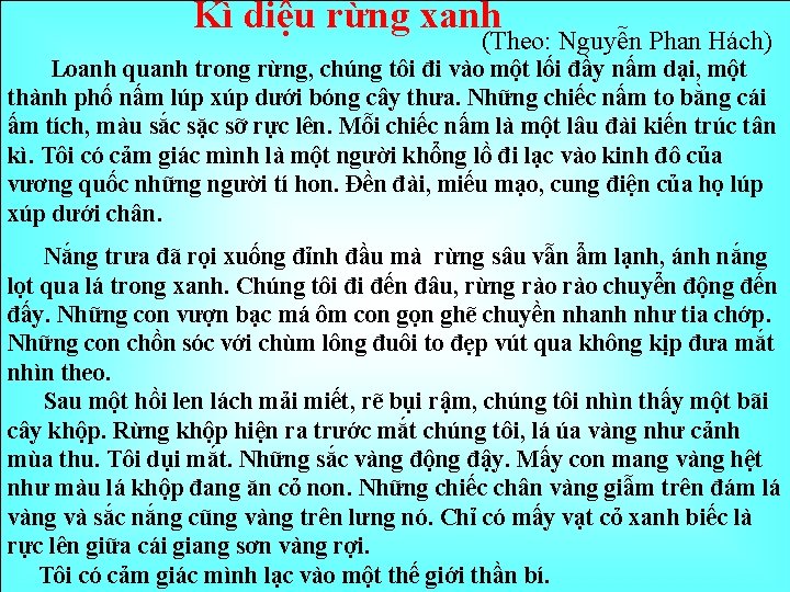 Kì diệu rừng xanh (Theo: Nguyễn Phan Hách) Loanh quanh trong rừng, chúng tôi