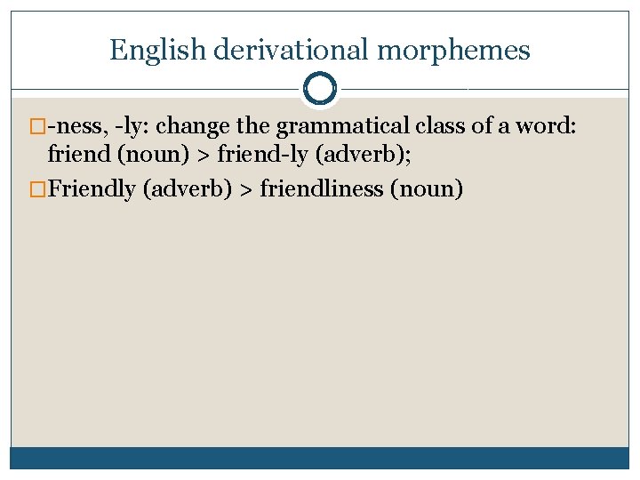 English derivational morphemes �-ness, -ly: change the grammatical class of a word: friend (noun)