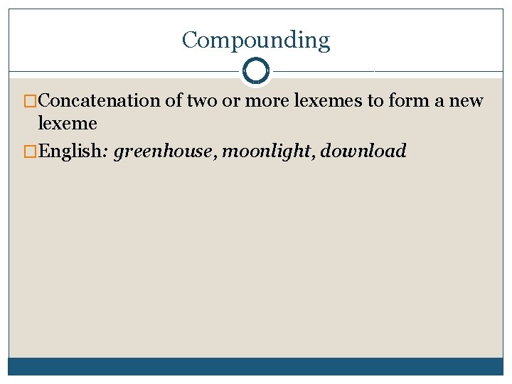Compounding �Concatenation of two or more lexemes to form a new lexeme �English: greenhouse,