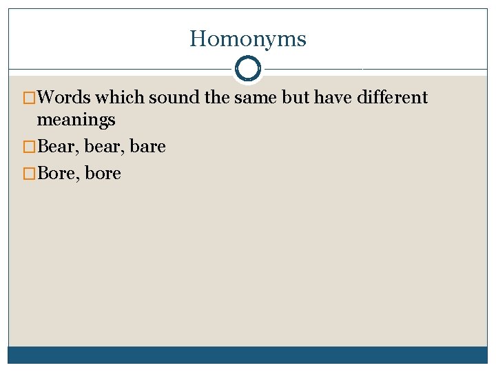 Homonyms �Words which sound the same but have different meanings �Bear, bare �Bore, bore