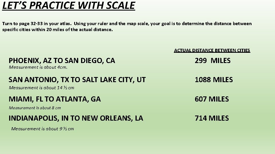 LET’S PRACTICE WITH SCALE Turn to page 32 -33 in your atlas. Using your