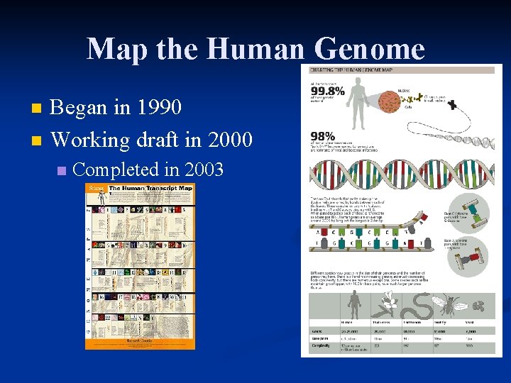 Map the Human Genome n n Began in 1990 Working draft in 2000 n