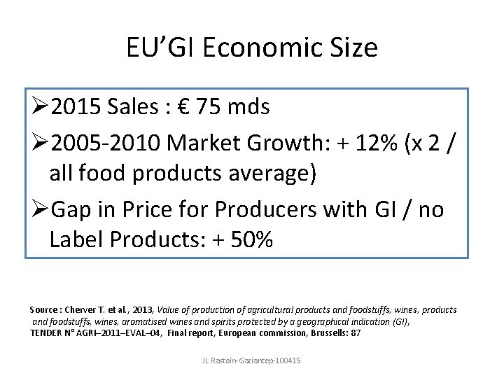 EU’GI Economic Size Ø 2015 Sales : € 75 mds Ø 2005 -2010 Market