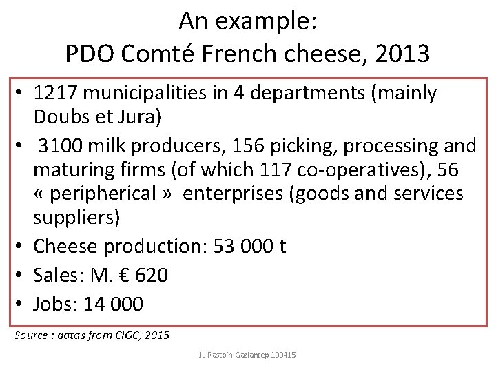 An example: PDO Comté French cheese, 2013 • 1217 municipalities in 4 departments (mainly