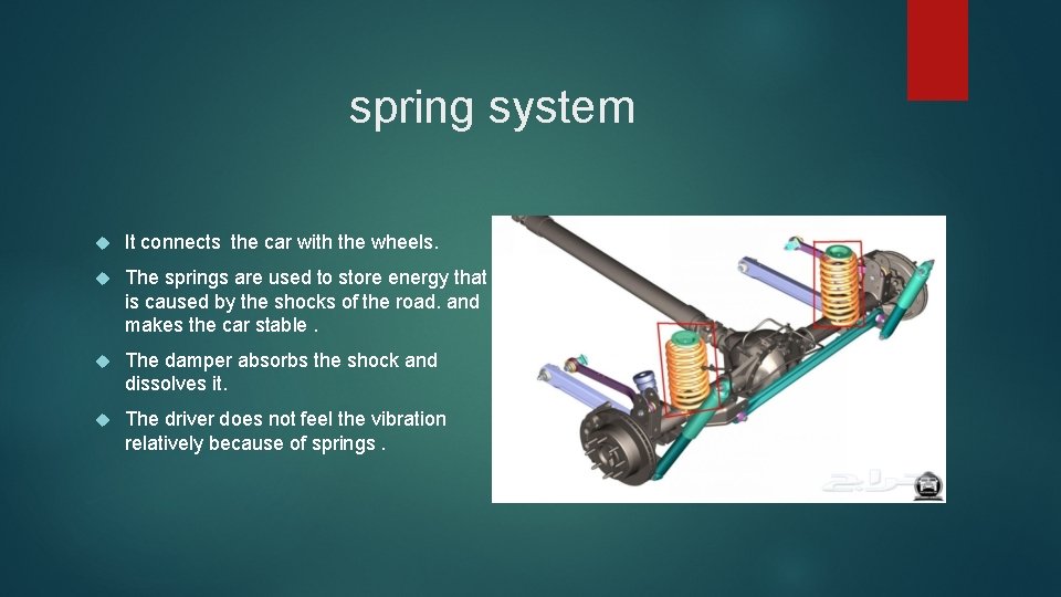 spring system It connects the car with the wheels. The springs are used to