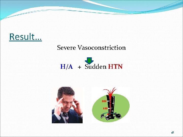 Result… Severe Vasoconstriction H/A + Sudden HTN 18 