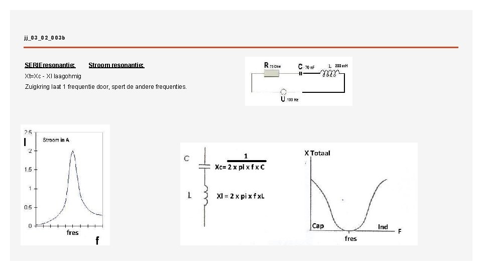 jj_03_02_003 b SERIEresonantie: Stroom resonantie: Xt=Xc - Xl laagohmig Zuigkring laat 1 frequentie door,