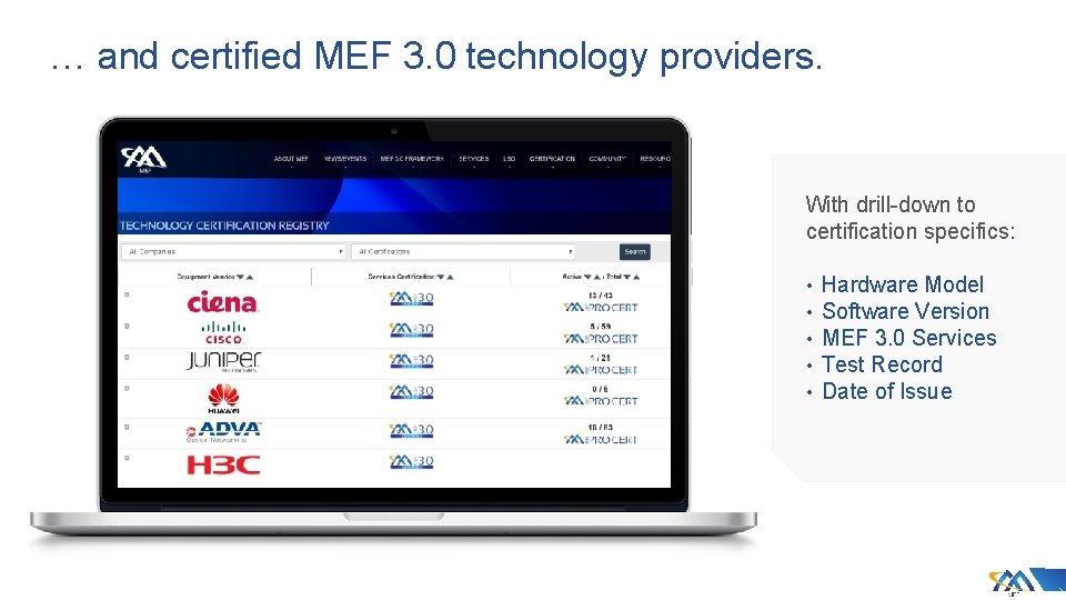 … and certified MEF 3. 0 technology providers. With drill-down to certification specifics: •