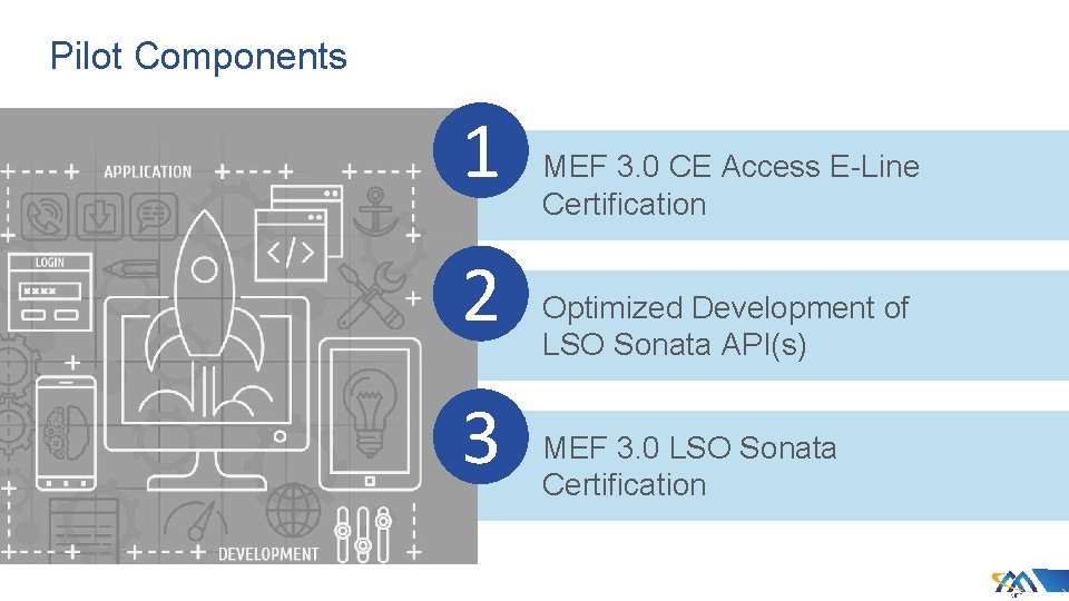 Pilot Components 1 2 3 MEF 3. 0 CE Access E-Line Certification Optimized Development