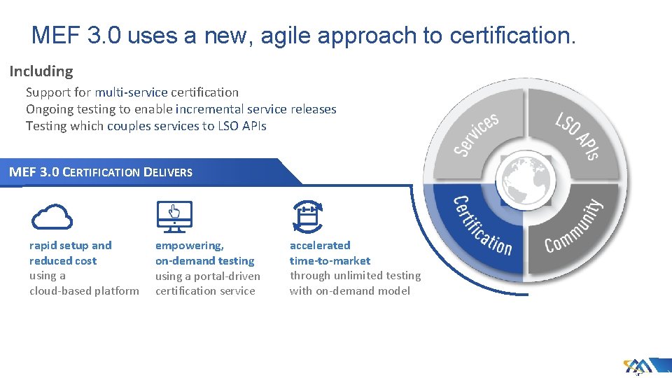 MEF 3. 0 uses a new, agile approach to certification. Including Support for multi-service
