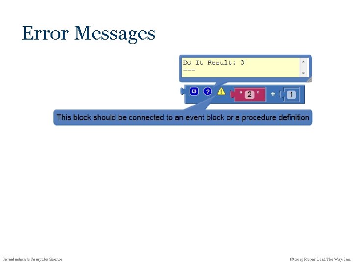 Error Messages Introduction to Computer Science © 2015 Project Lead The Way, Inc. Error Messages Introduction to Computer Science © 2015 Project Lead The Way, Inc.
