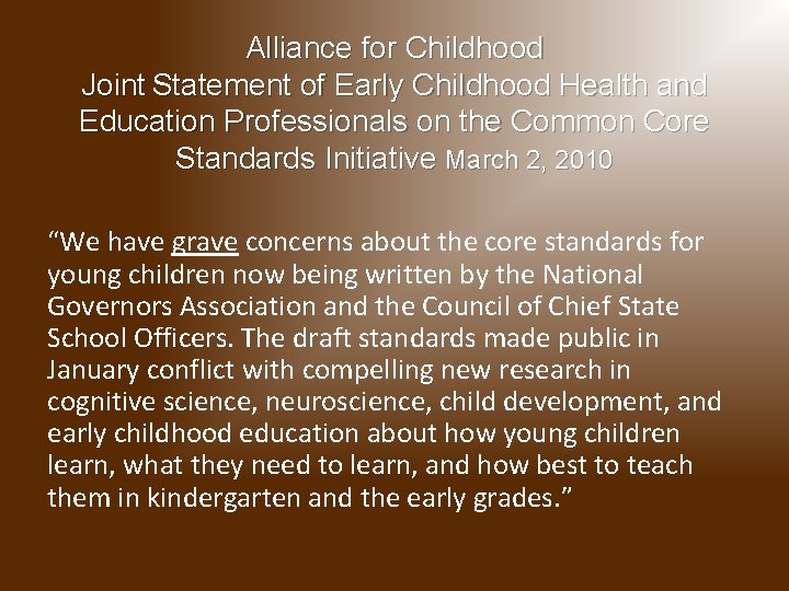 Alliance for Childhood Joint Statement of Early Childhood Health and Education Professionals on the