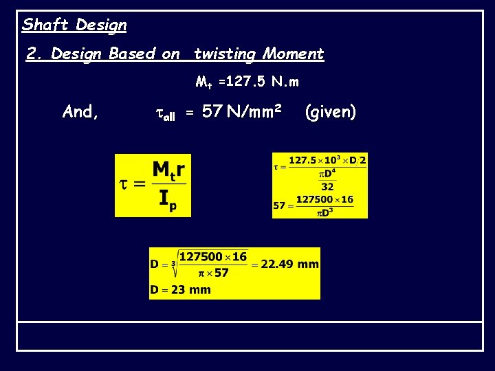 Shaft Design 2. Design Based on twisting Moment Mt =127. 5 N. m And,