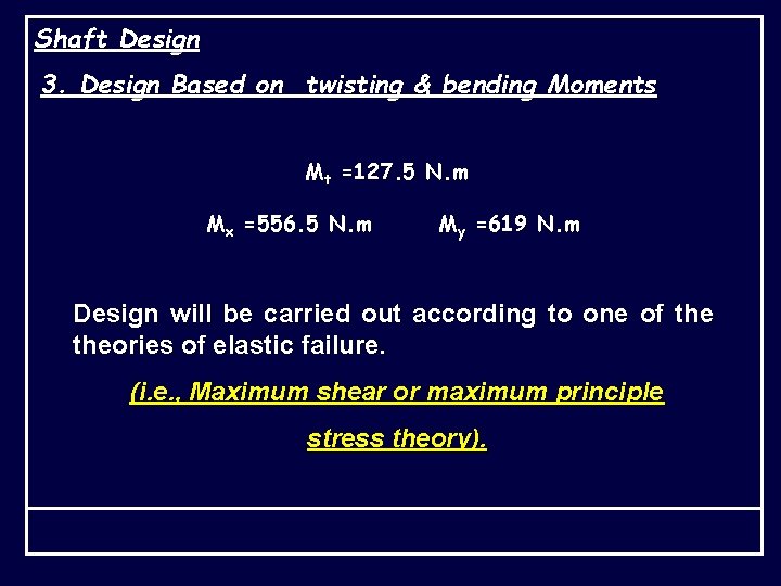 Shaft Design 3. Design Based on twisting & bending Moments Mt =127. 5 N.