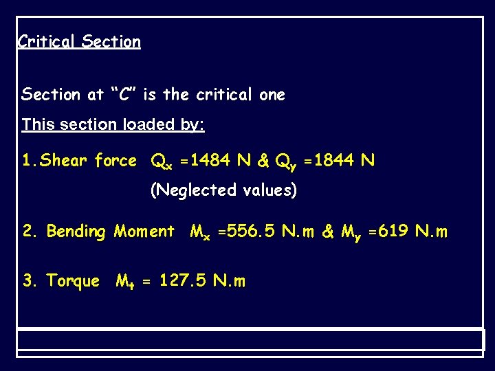 Critical Section at “C” is the critical one This section loaded by: 1. Shear