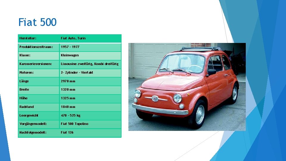 Fiat 500 Hersteller: Fiat Auto, Turin Produktionszeitraum: 1957 – 1977 Klasse: Kleinwagen Karosserieversionen: Limousine