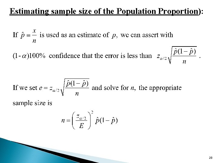 Estimating sample size of the Population Proportion): 28 