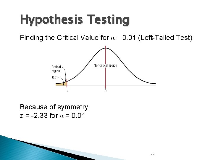 Hypothesis Testing Finding the Critical Value for α = 0. 01 (Left-Tailed Test) z