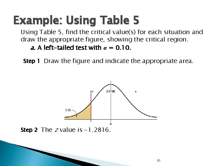 Example: Using Table 5, find the critical value(s) for each situation and draw the