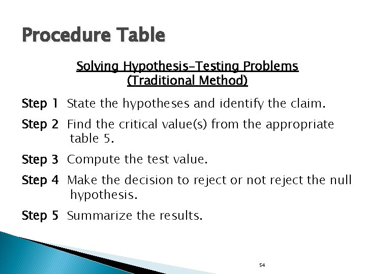 Procedure Table Solving Hypothesis-Testing Problems (Traditional Method) Step 1 State the hypotheses and identify