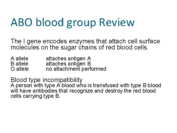 ABO blood group Review The I gene encodes enzymes that attach cell surface molecules