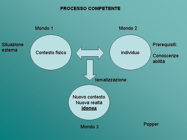 PROCESSO COMPETENTE Mondo 1 Situazione esterna Mondo 2 Prerequisiti: Contesto fisico individuo Conoscenze abilità