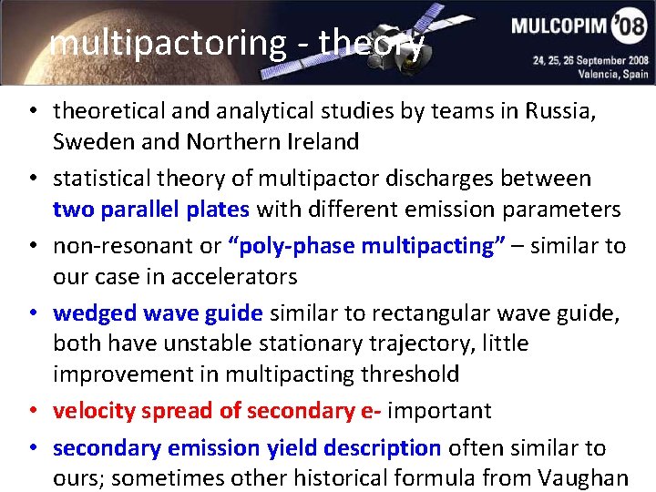 multipactoring - theory • theoretical and analytical studies by teams in Russia, Sweden and