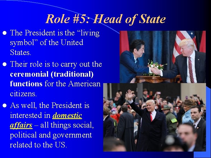 Role #5: Head of State The President is the “living symbol” of the United