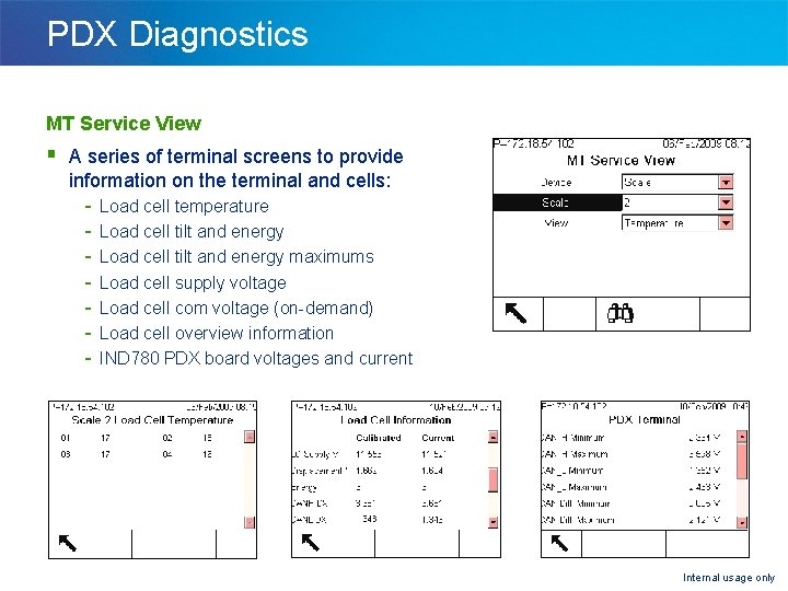 PDX Diagnostics MT Service View § A series of terminal screens to provide information