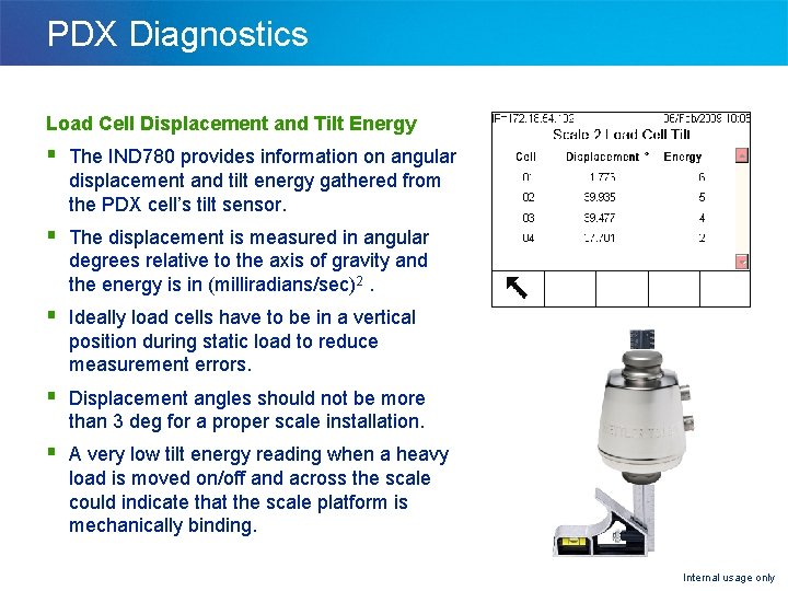 PDX Diagnostics Load Cell Displacement and Tilt Energy § The IND 780 provides information