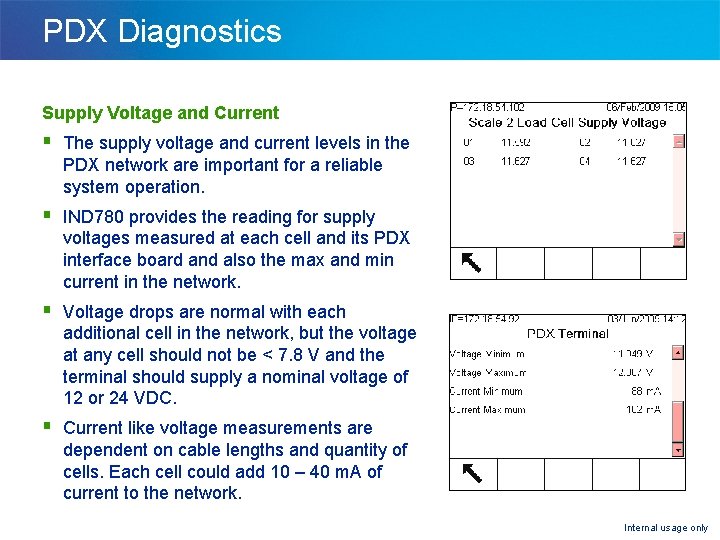 PDX Diagnostics Supply Voltage and Current § The supply voltage and current levels in