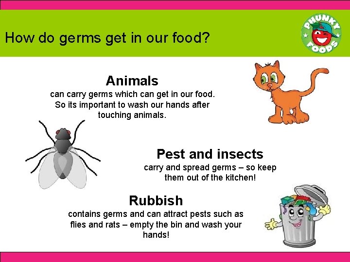 How do germs get in our food? Animals can carry germs which can get