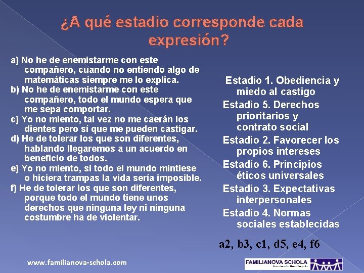 ¿A qué estadio corresponde cada expresión? a) No he de enemistarme con este compañero,