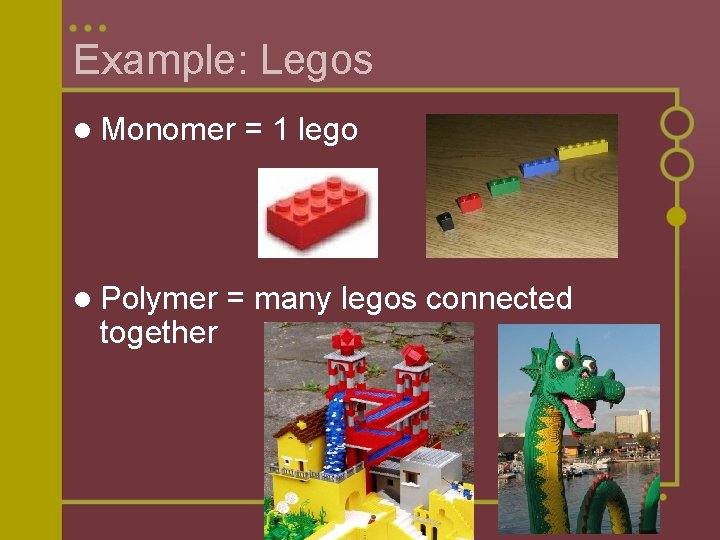 Example: Legos l Monomer l Polymer together = 1 lego = many legos connected