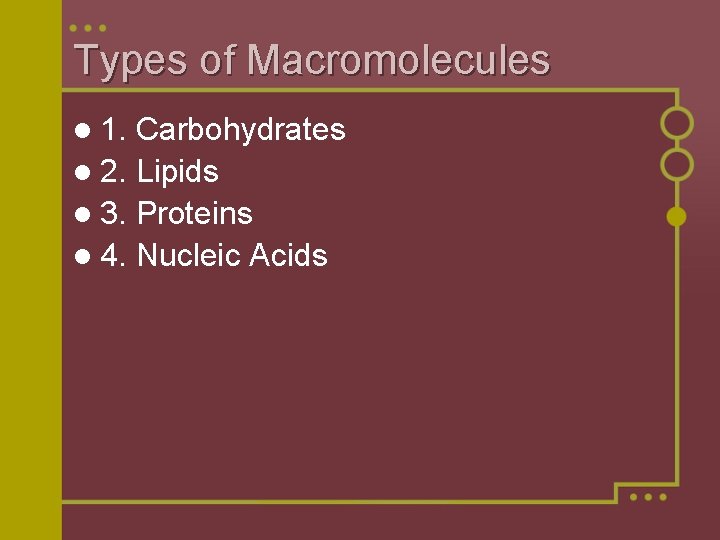 Types of Macromolecules l 1. Carbohydrates l 2. Lipids l 3. Proteins l 4.