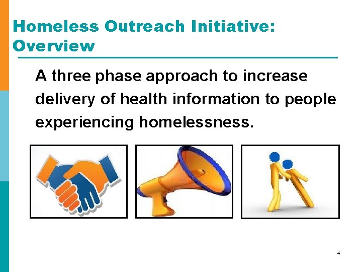 Homeless Outreach Initiative: Overview A three phase approach to increase delivery of health information
