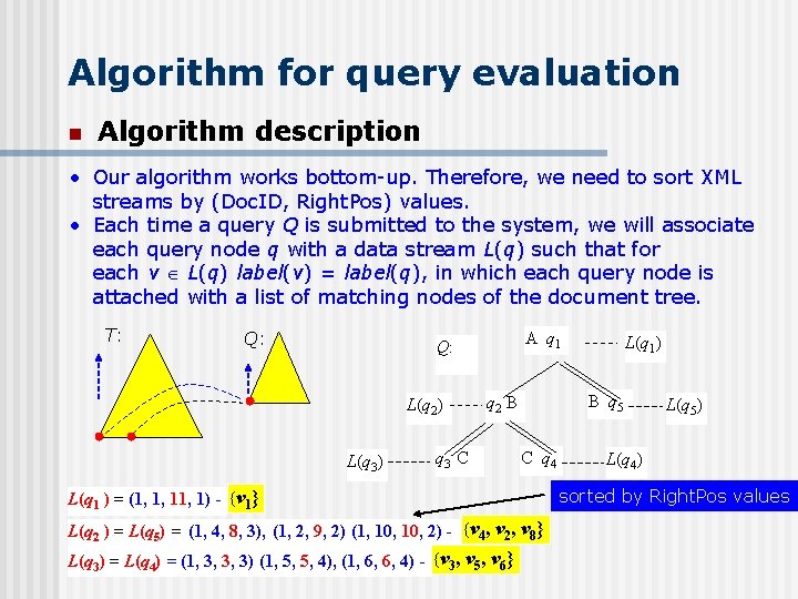 Algorithm for query evaluation n Algorithm description • Our algorithm works bottom up. Therefore,