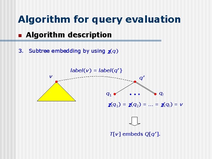 Algorithm for query evaluation n Algorithm description 3. Subtree embedding by using (q) label(v)