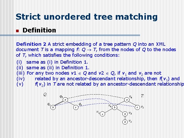 Strict unordered tree matching n Definition 2 A strict embedding of a tree pattern