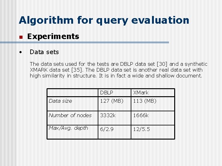 Algorithm for query evaluation n • Experiments Data sets The data sets used for