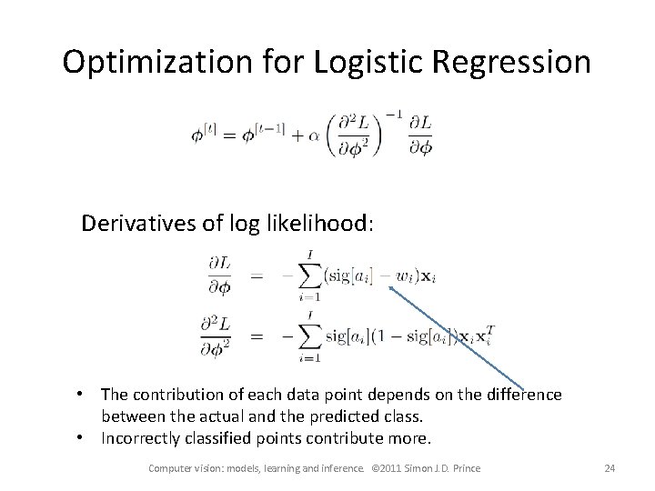 Optimization for Logistic Regression Derivatives of log likelihood: • The contribution of each data