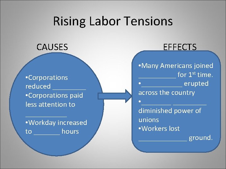 Rising Labor Tensions CAUSES • Corporations reduced _____ • Corporations paid less attention to
