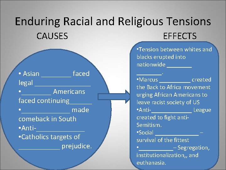 Enduring Racial and Religious Tensions CAUSES • Asian ____ faced legal ________ • ____